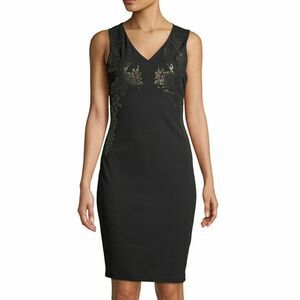 Calvin‎ Klein Black Embroidered V Neck Sheath Dress Size 10